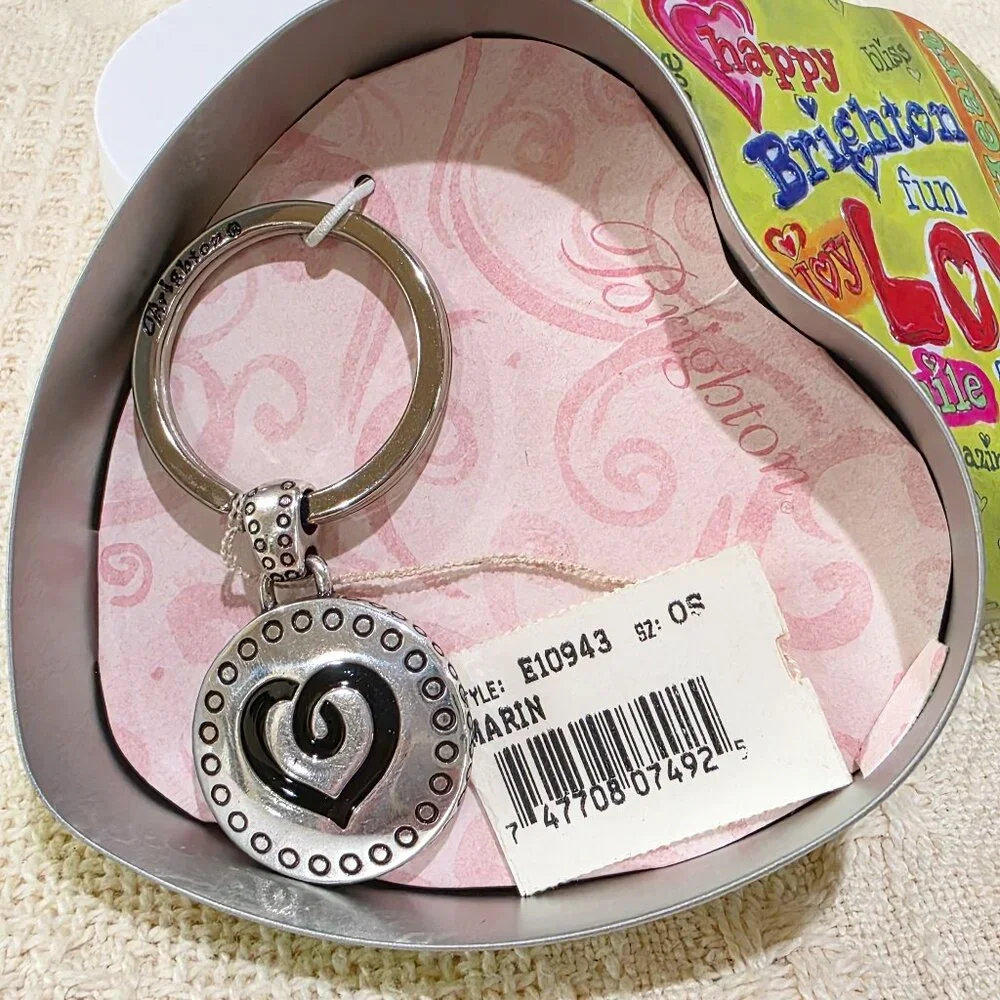 Vintage NOS Brighton Key Fob Keychain Round Heart Silver Marin w/ Heart Tin